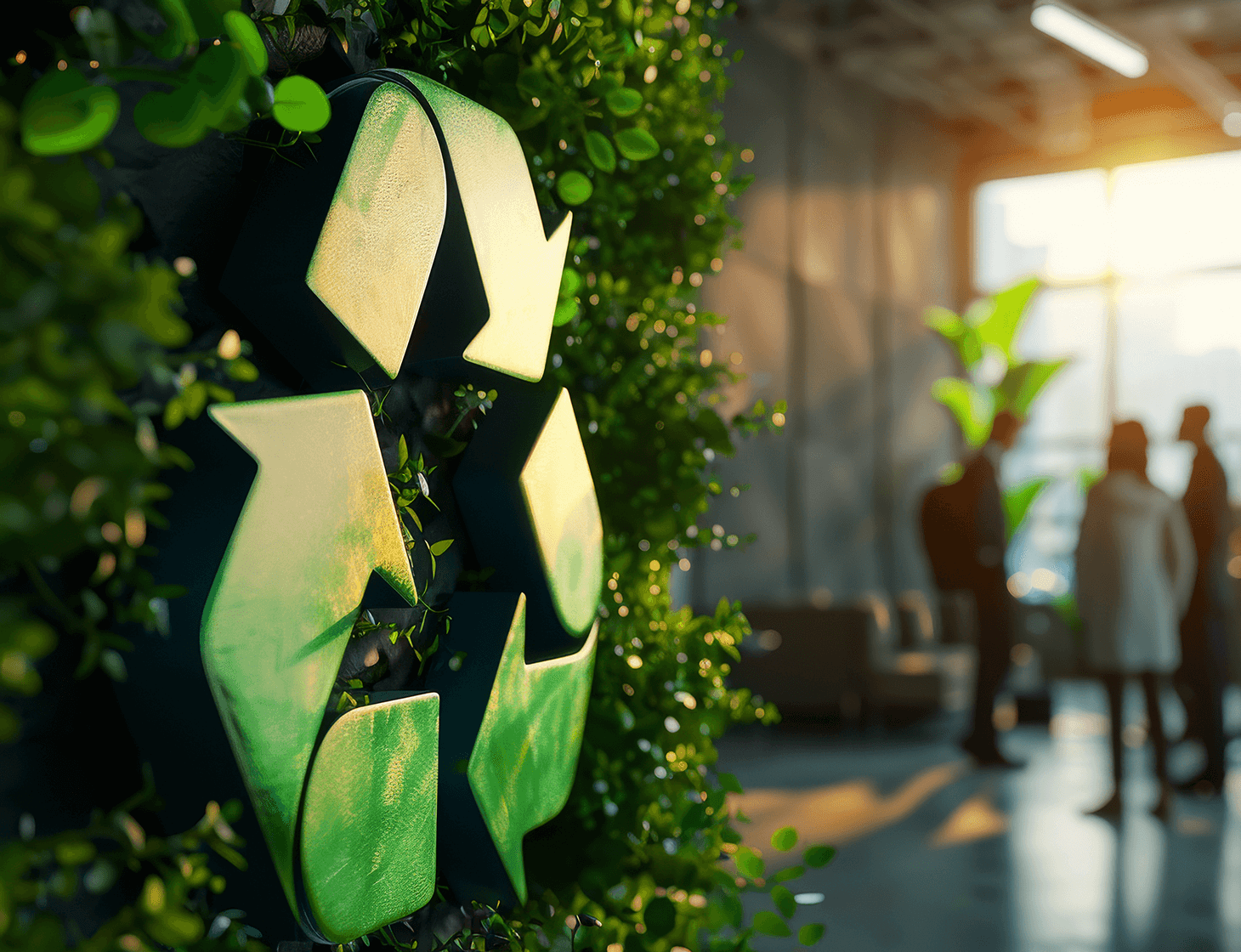 Símbolo de reciclagem numa parede verde num escritório.