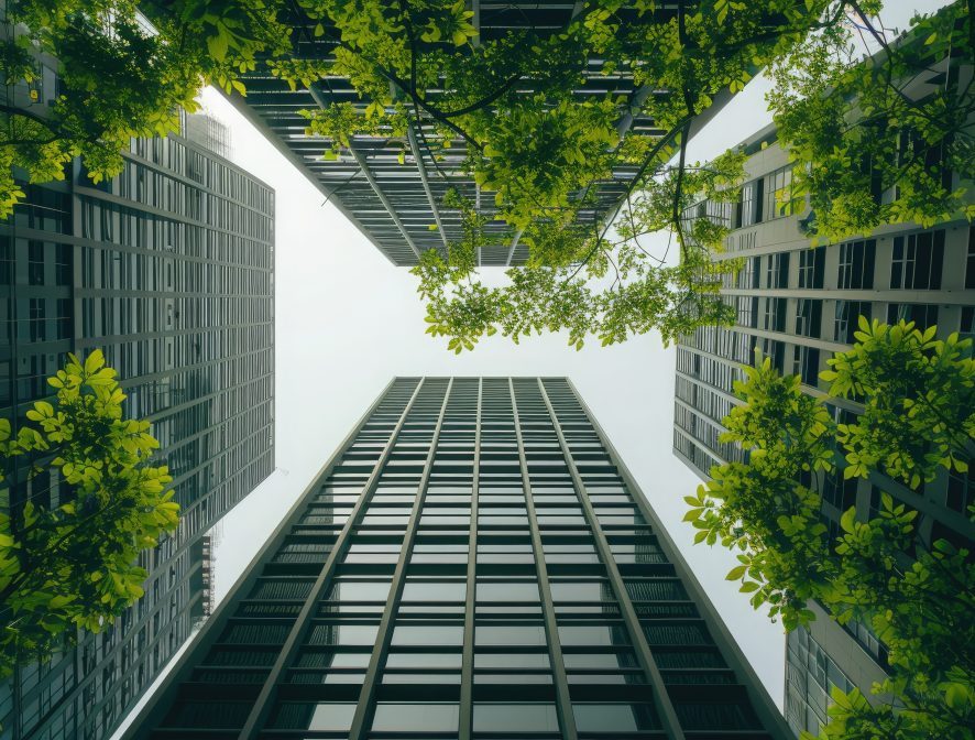 Blick nach oben zwischen hohen Bürogebäuden mit grünen Baumkronen im Vordergrund.