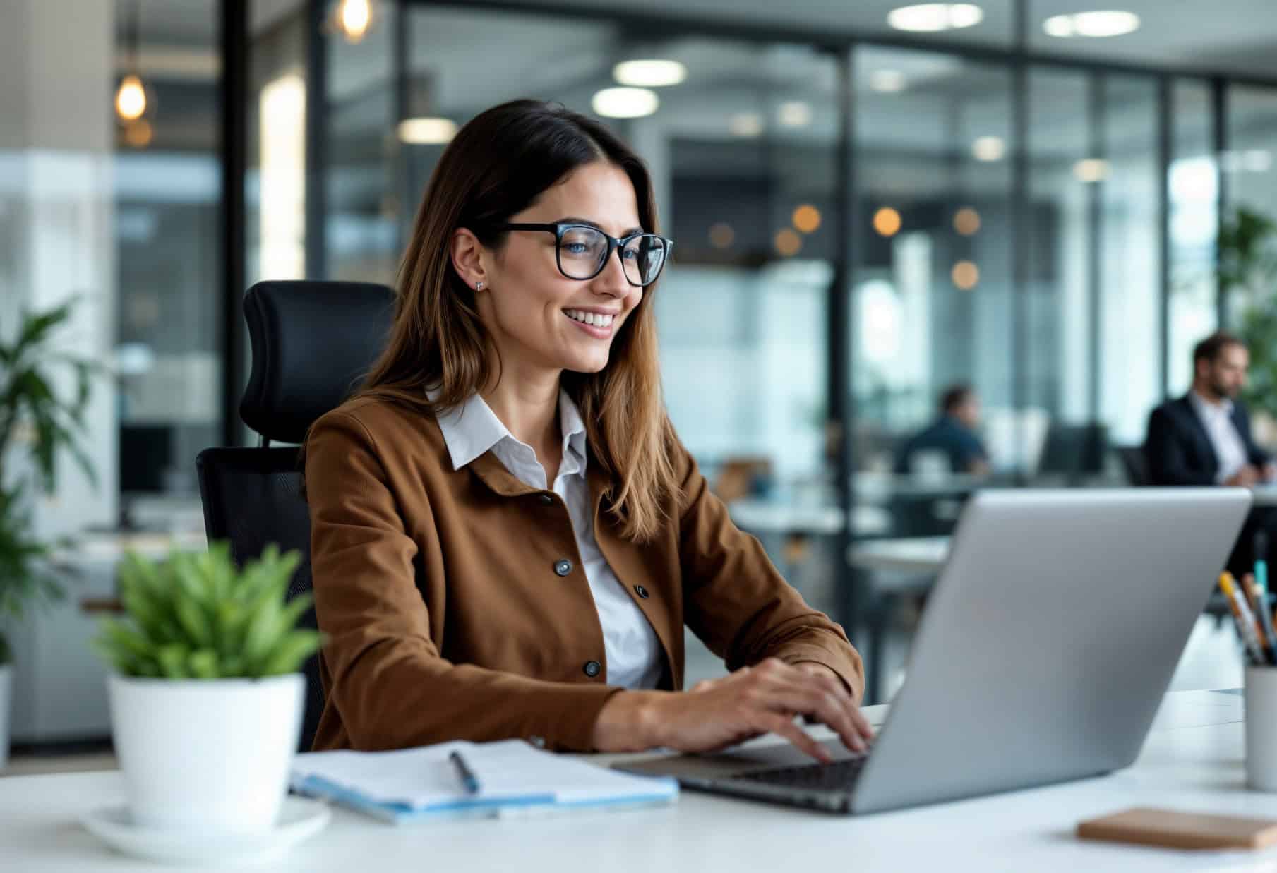Woman working on a laptop in the office.