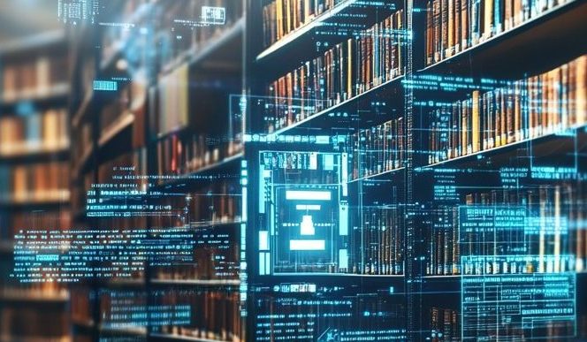 Bücherregale in einer großen Bibliothek mit digitalen Datenüberlagerungen.