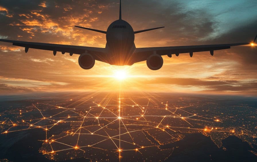 Avião em aproximação para aterragem sobre uma cidade ao pôr do sol, com linhas brilhantes no solo.