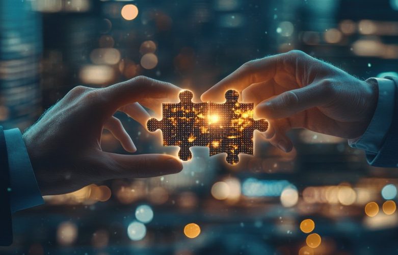 Duas mãos seguram peças de puzzle brilhantes diante de uma paisagem urbana desfocada.