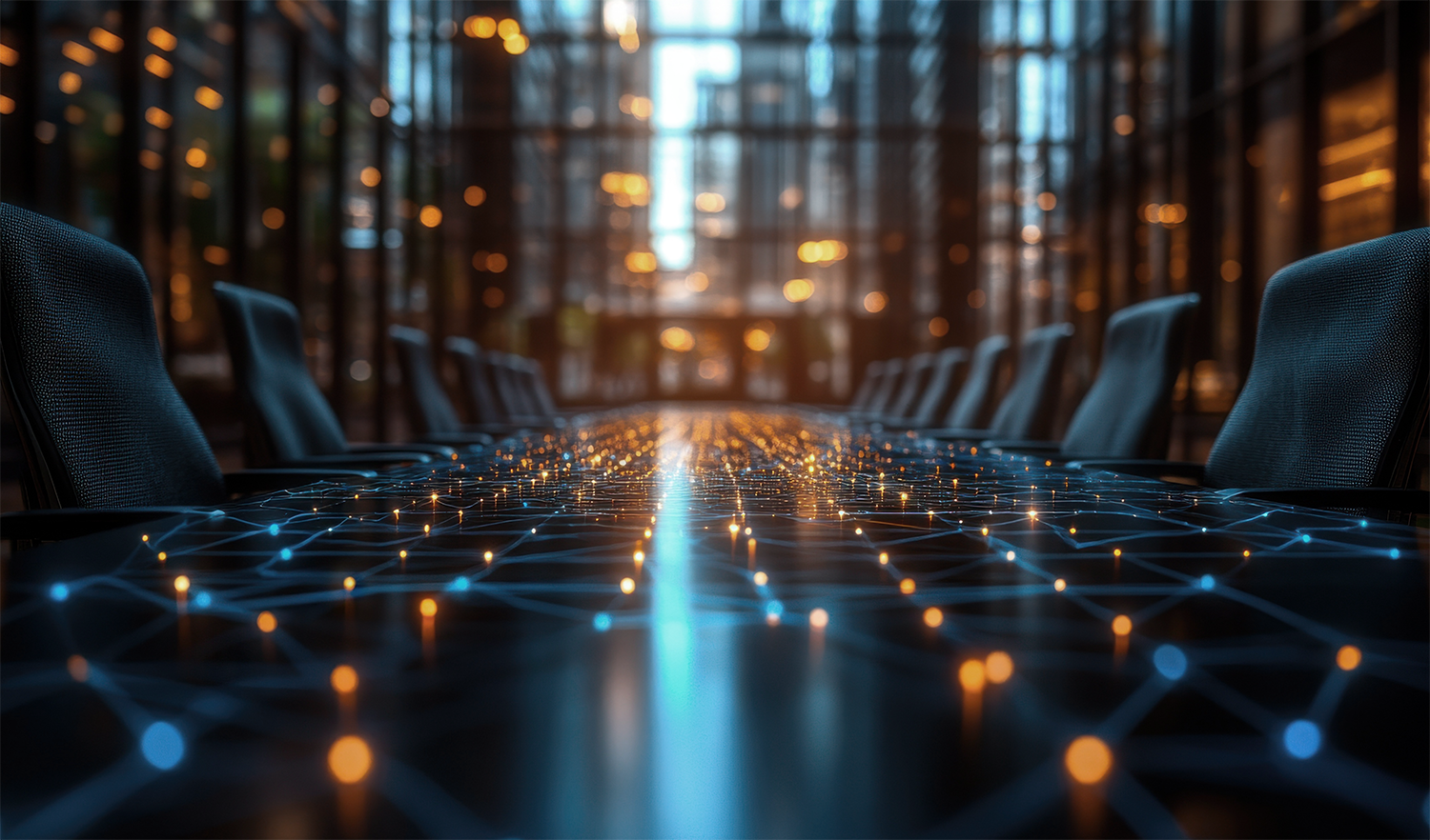 Digital visualisiertes Netzwerk auf einem Konferenztisch.