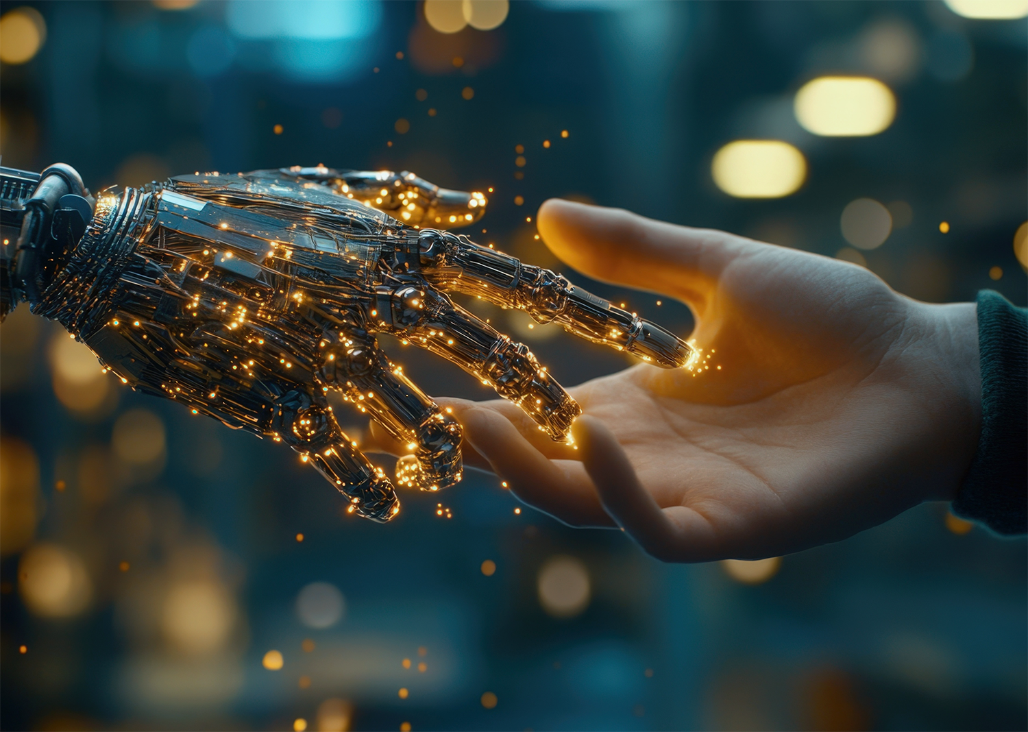 Menschliche Hand berührt eine leuchtende Roboterhand.