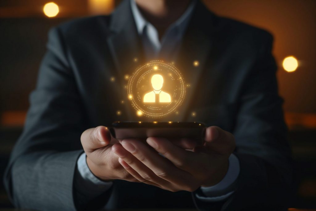 Geschäftsmann hält ein schwebendes Icon in die Luft.