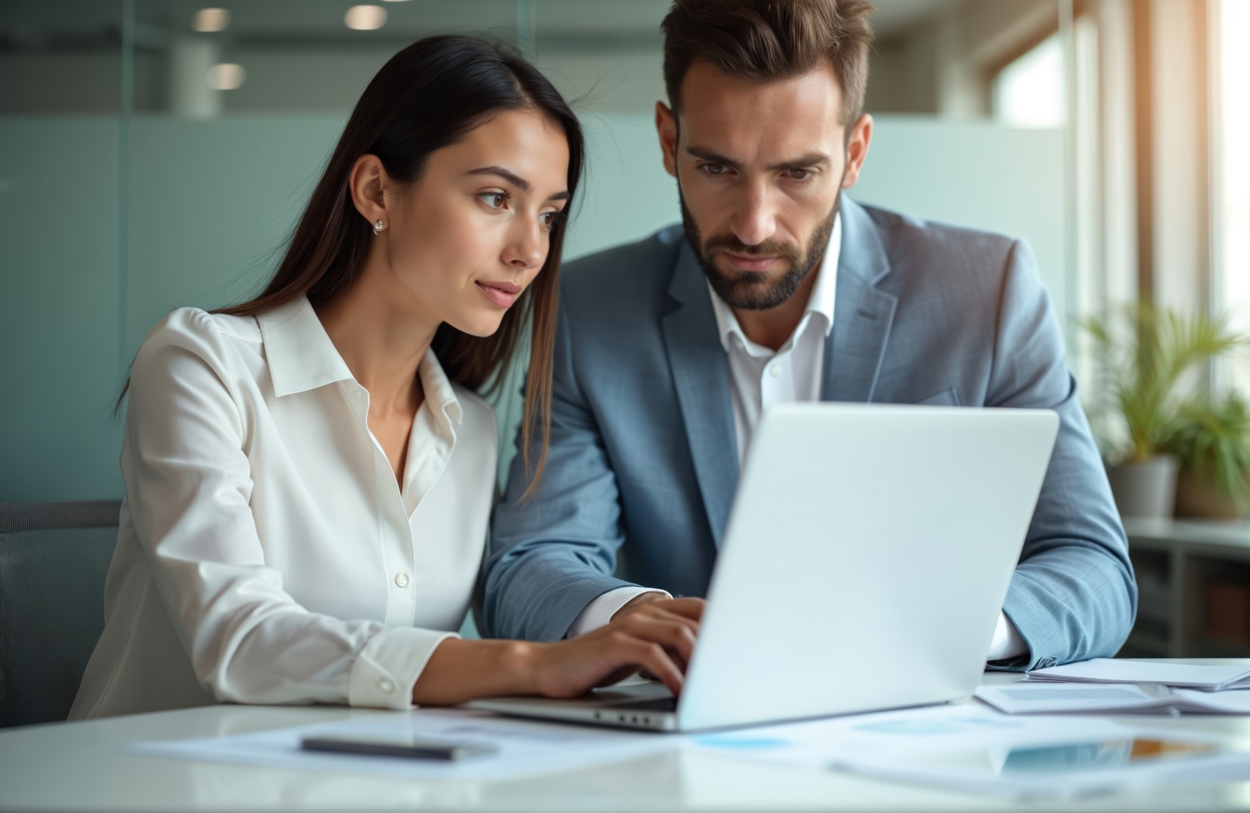 Geschäftsmann und Geschäftsfrau schauen gemeinsam auf einen Laptop