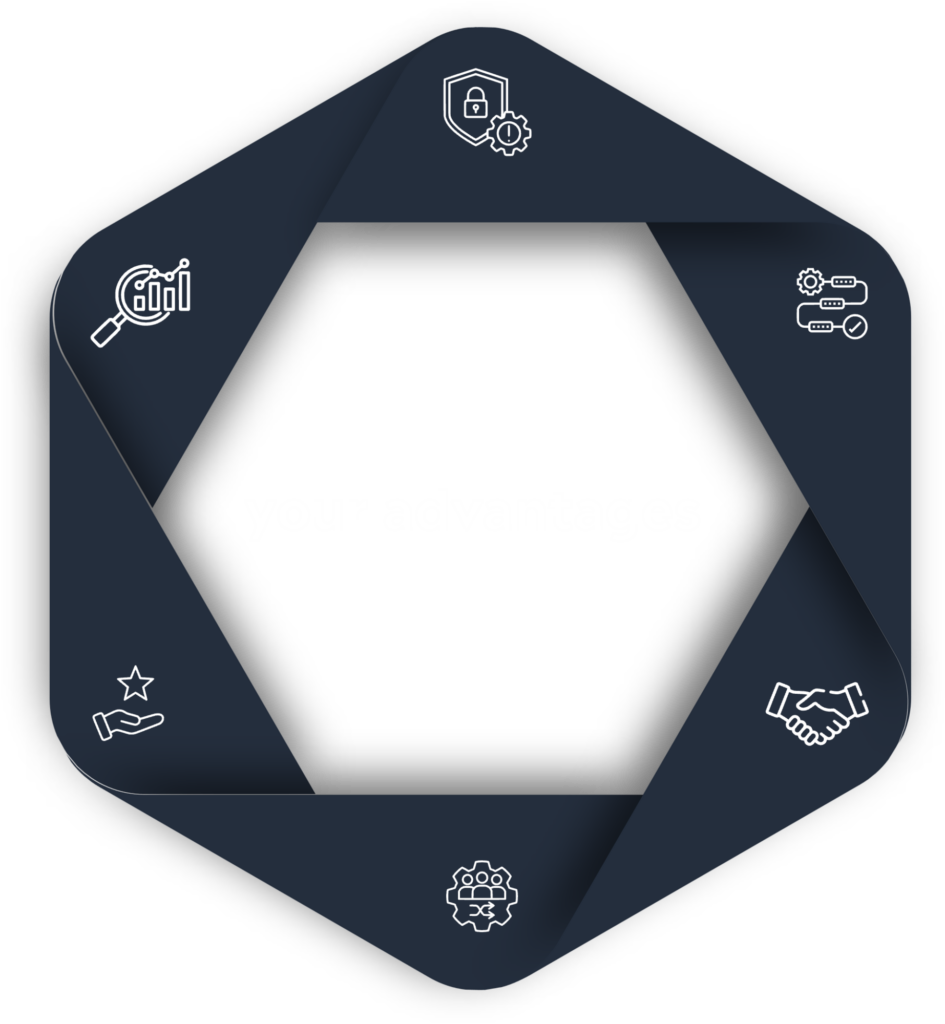 Graphic hexagon with six icons surrounding the text “Your benefits”.